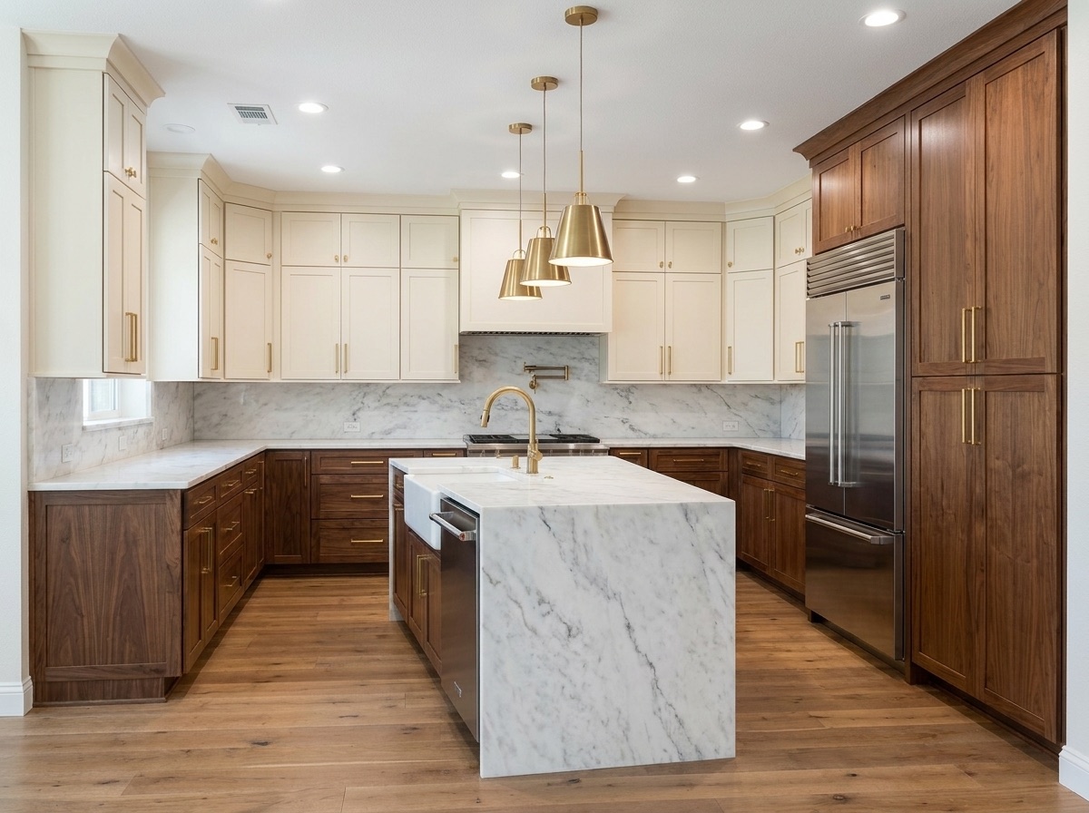 Luxury cream and walnut kitchen with marble waterfall island after remodeling
